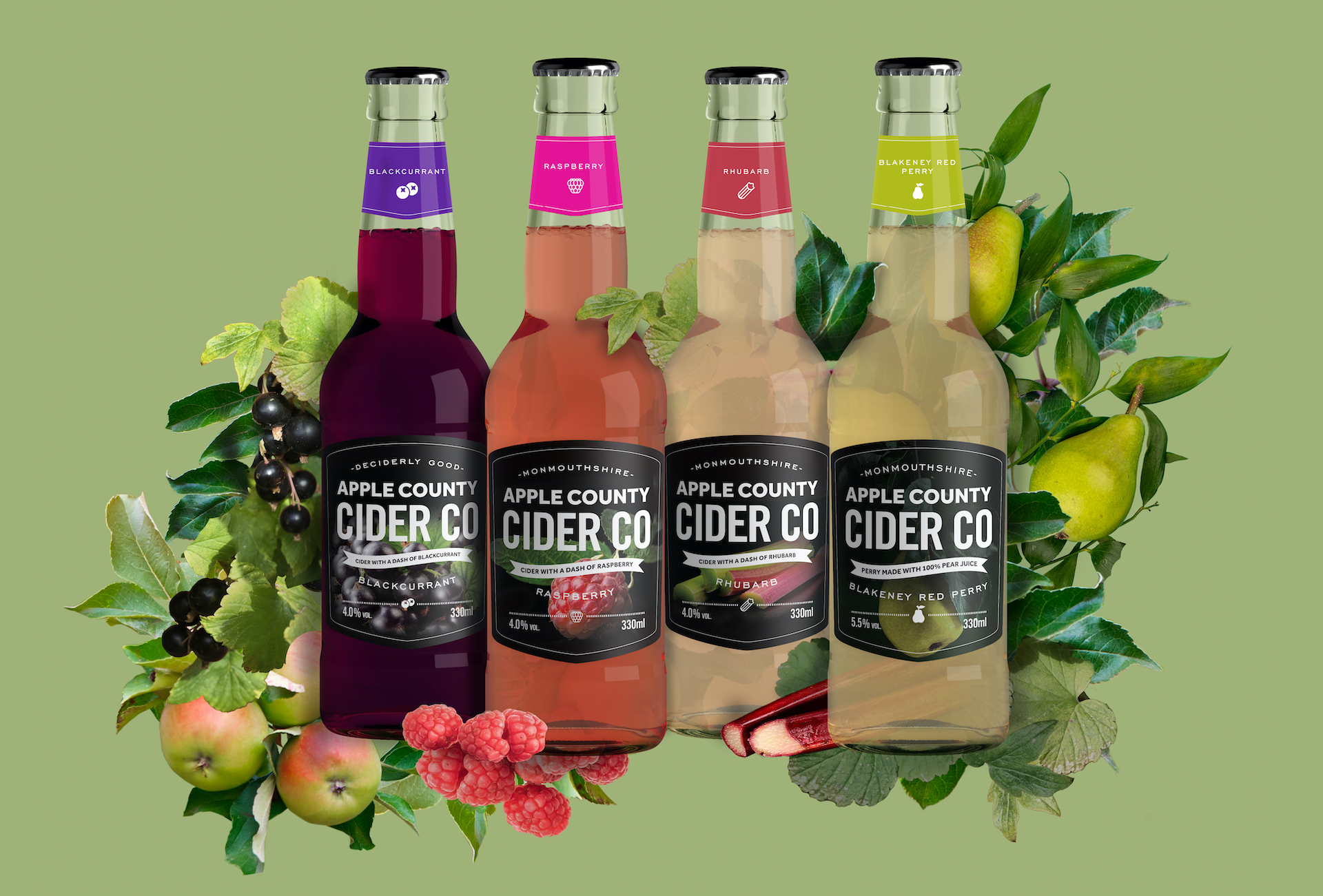 The range of Apple County Cider Company fruit ciders in bottles